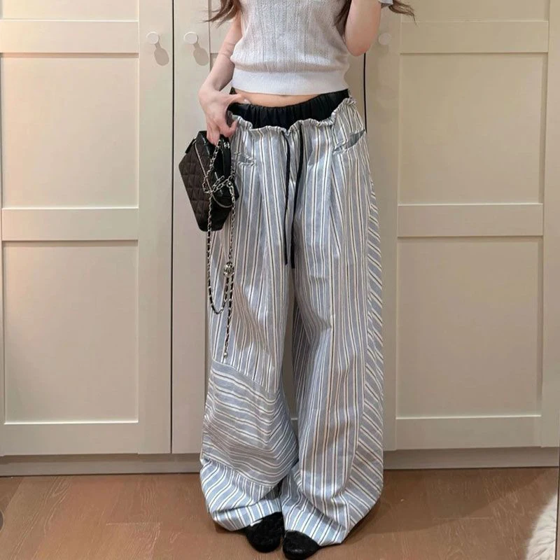 

MEXZT Streetwear Striped Wide Leg Pants Women Fashion Patchwork Baggy Pants Summer Harajuku Korean High Waist Straight Trousers