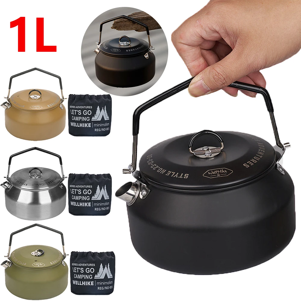 1L Camping Water Kettle Outdoor Coffee Kettle Tableware Picnic Set Supplies Stainless Steel Camping Tea Kettle Tourism Cookware