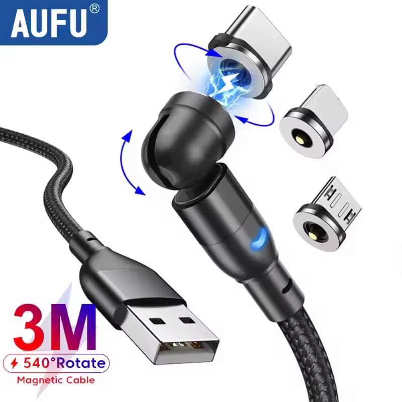 AUFU 540 rotation câble USB 3M chargeur de téléphone magnétique cordon de données USB Type C câble aimant câble Micro USB fil pour iPhone Xiaomi