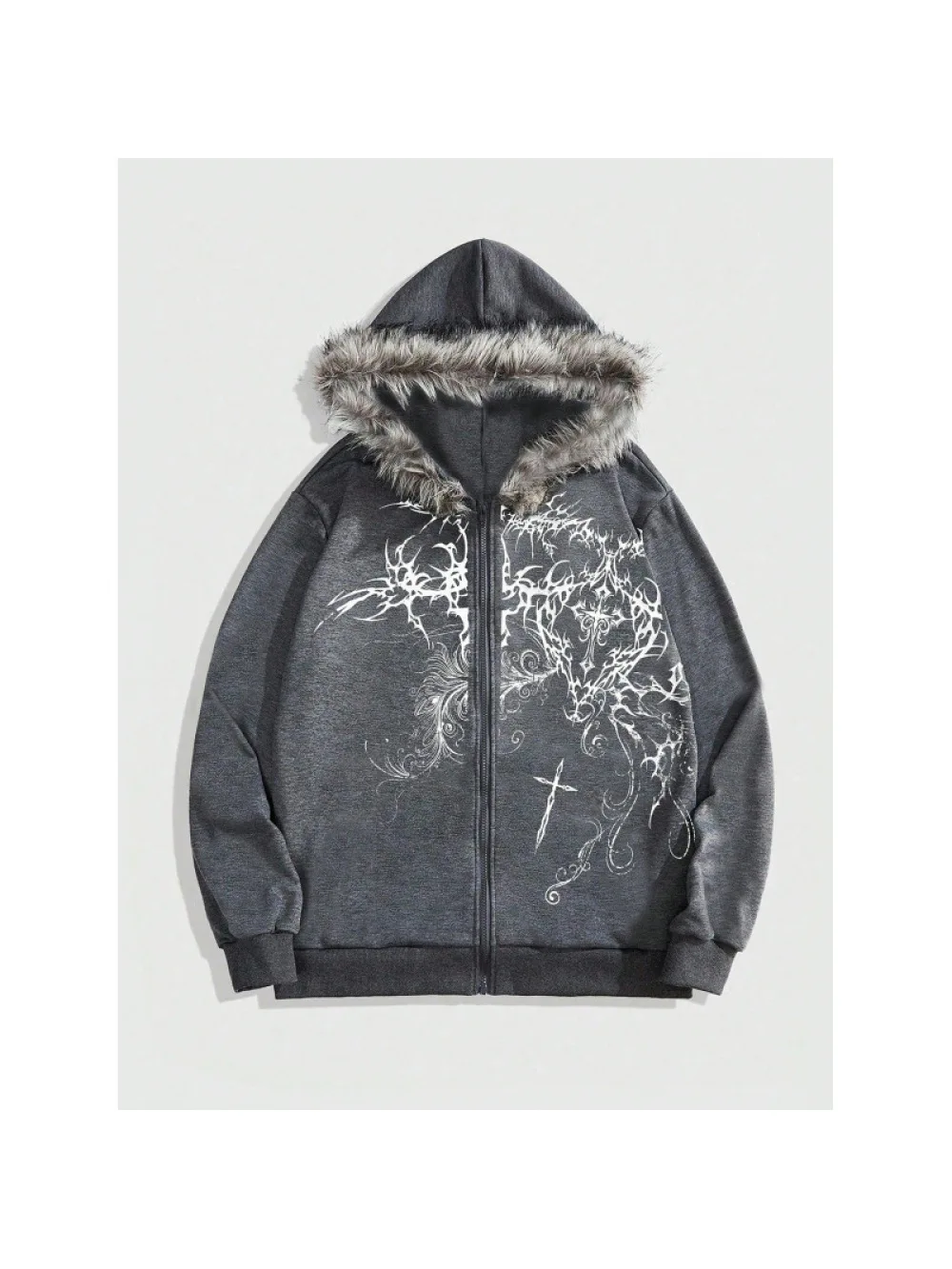 

2026 American Retro Distressed Faux Fur Collar Cardigan Cross Print Dark Hip Hop Loose Zip Up Hoodie Unisex Autumn Winter Street
