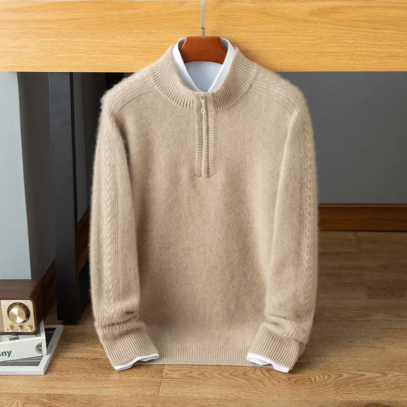 الرجال 100% الكشمير النقي البلوز الأعمال عادية محبوك سترة فضفاضة نصف سستة نصف عالية طوق سميكة البلوز الدافئة