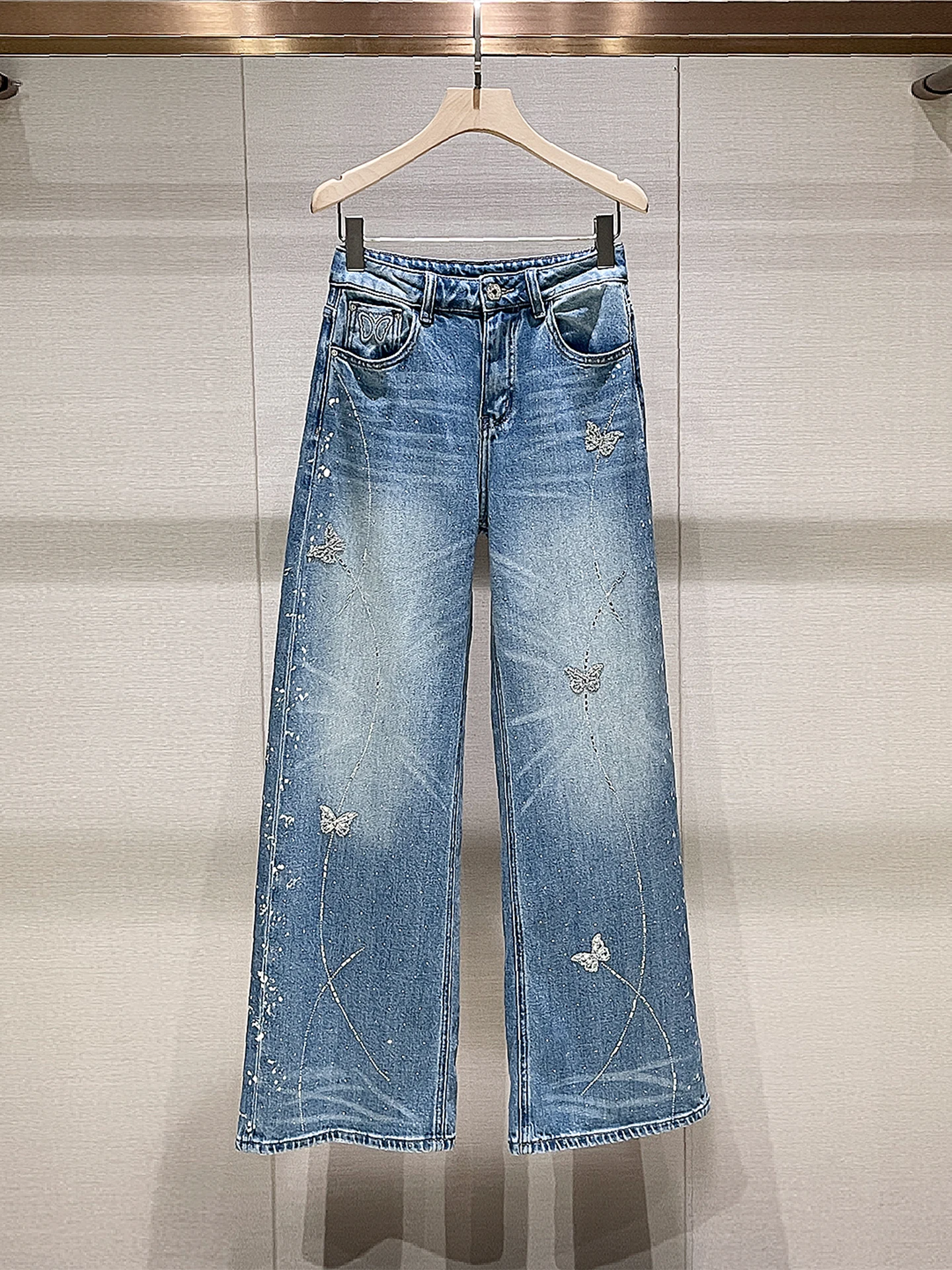 

High Waist Straight Leg Jeans Women's ature Spring New Knot Embellied Blue Casual Long Pants Slimming Effect