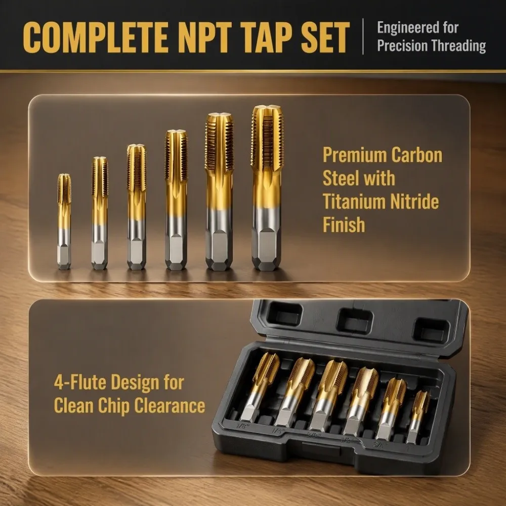 6pcs Ti Plated Finish Hand Threading Tap Set Right Hand Cut 1in to 1 8in Size Range Pipe Threading Tap Set Plastic Storage Case