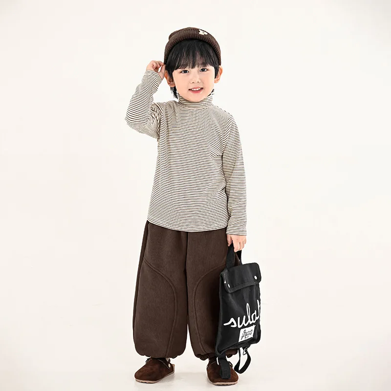 Children's Clothing Boys' Base Shirt Autumn and Winter Half High Collar with Striped Soft and Sticky Long Sleeved T-shirt