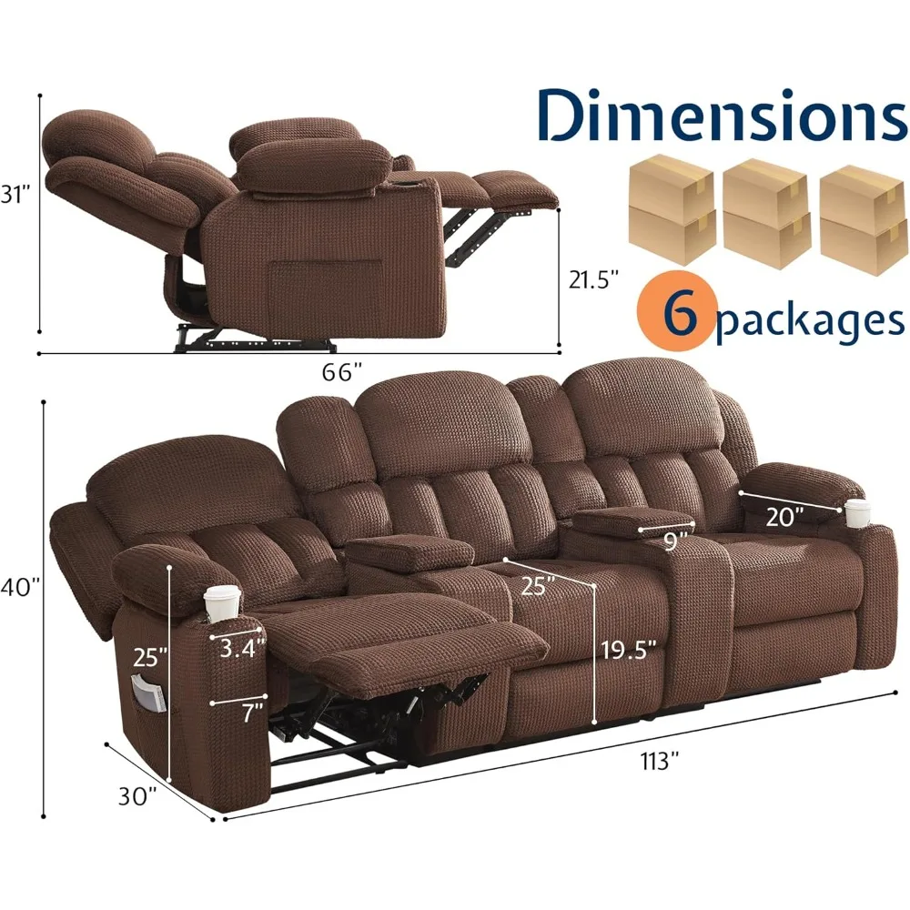 Recliner Couch, 3 Seater Reclining with Cup Holders, Dual Console with Charging Socket, Comfy Recliner Sofas for Living Room