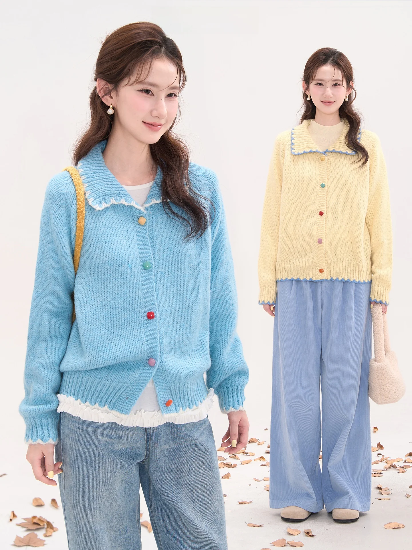 

Thiened Knitted Sweater Women's Autumn Outerwear Button-Up Collar Long Sve Warm Coat Floral Window Heme Sweet Sle