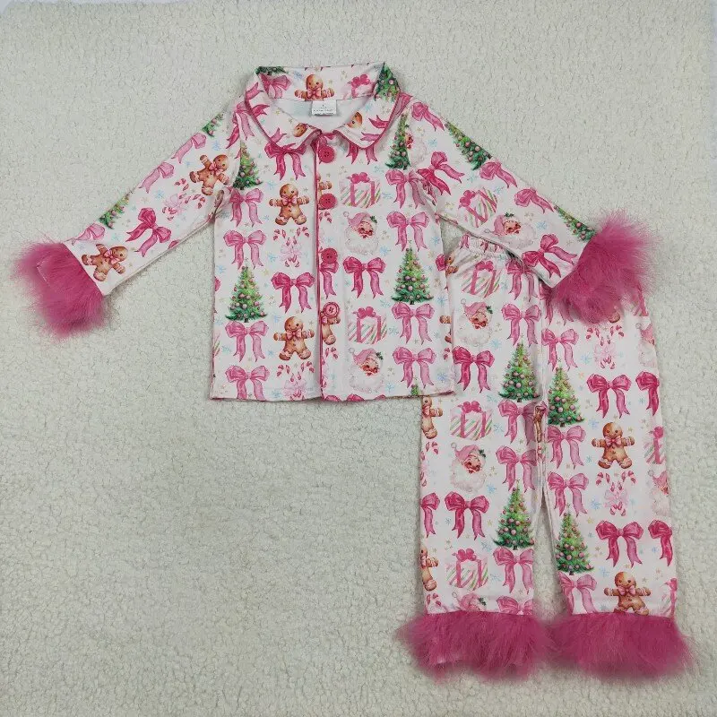 

10.11y Western Clothes Christmas Trees Bows Pink Plush Border Long Sleeve Casual Style Cute Pajamas Set Western