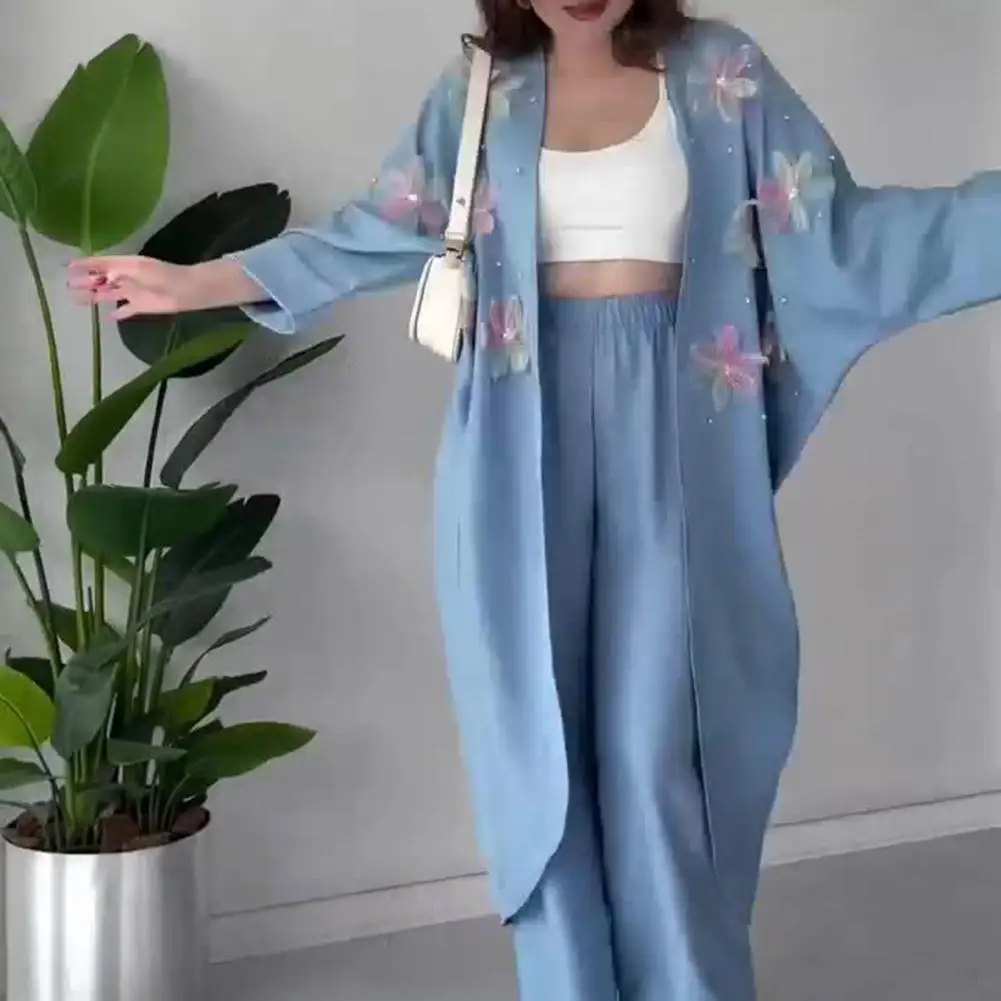 Women Coat Pants Set Elegant Women's 3d Flower Decor Coat Pants Set with Long Sleeve Cardigan Wide Leg Trousers for Women