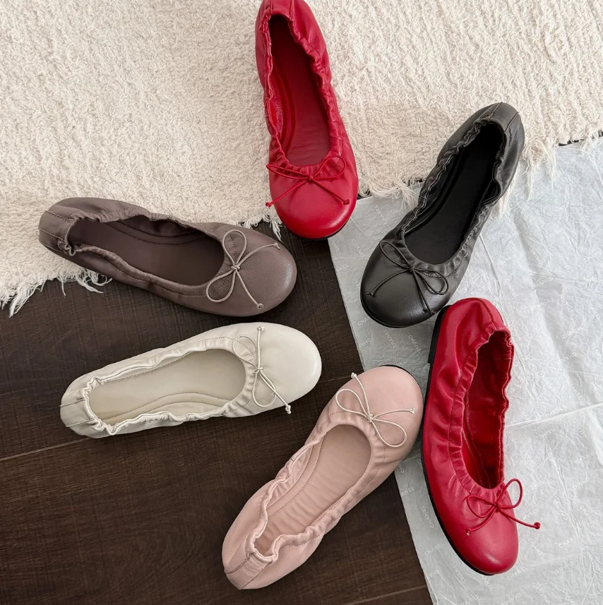 New Round Toe Ballet Shoes Slip On Butterfly Knot Flat Shoes Elegant Soft Ladies Leisure Footwear Vintage Lady Flats Shoes A0079