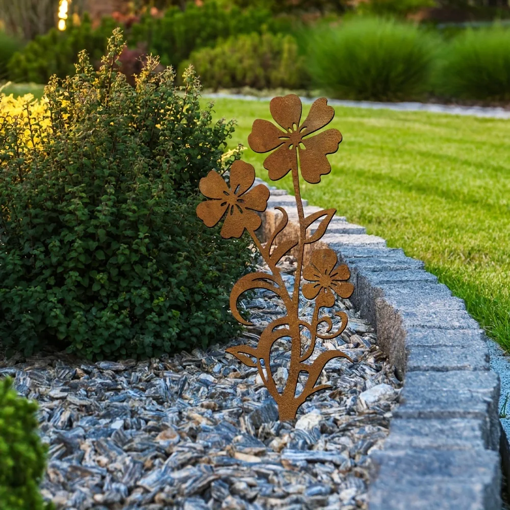 Rustic Metal Flower Garden Stake Corten Steel Yard Art Decor Rusty Flowers Garden Stakes for Lawn Patio Outdoor Landscaping