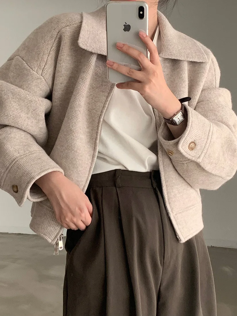 

Ретро-куртка с воротником-стойкой для женщин, шикарный осенний новый топ с маленькой молнией, свободный крой, универсальный, из других материалов