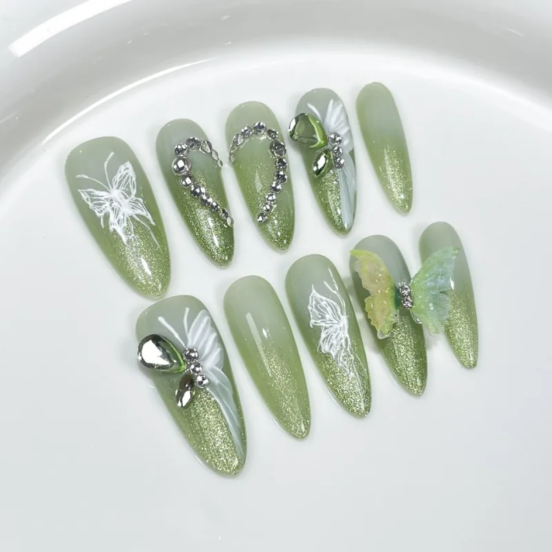 10 pz/set Handmade Gradient Green Long Almond Press on Nails Art 3D Butterfly unghie finte con Love Heart Diamond False Nail Tips