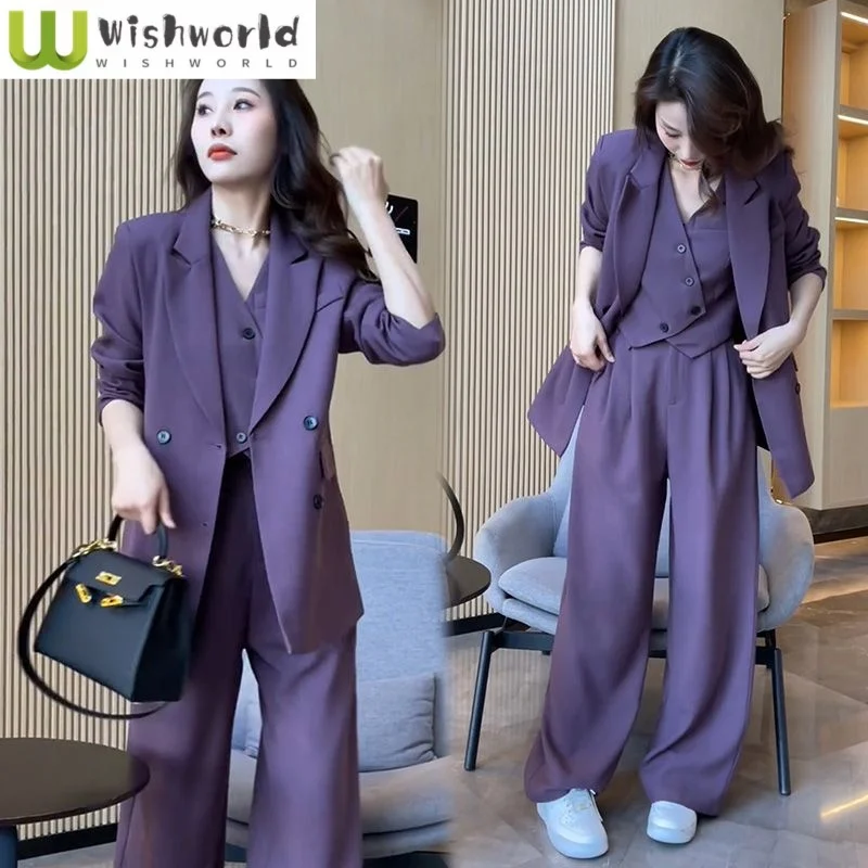 Spring New Korean Style Suit Jacket Blazer Vest Wide Leg Pants Three Piece Set Elegant Women's Office Suit Set Outfits