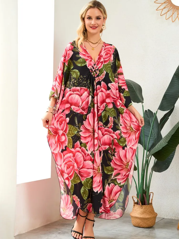 

2026 New Africa Fashion Boho Popular Printed Twill Kaftan Maxi Dress Summer Beach Bohemian Batwing Sleeve Long Dress For Lady