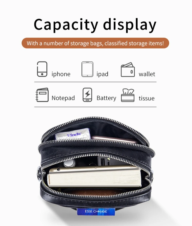 Real leather crossbody bag men's multi-zipper square large capacity shoulder bag leather mobile phone storage bag