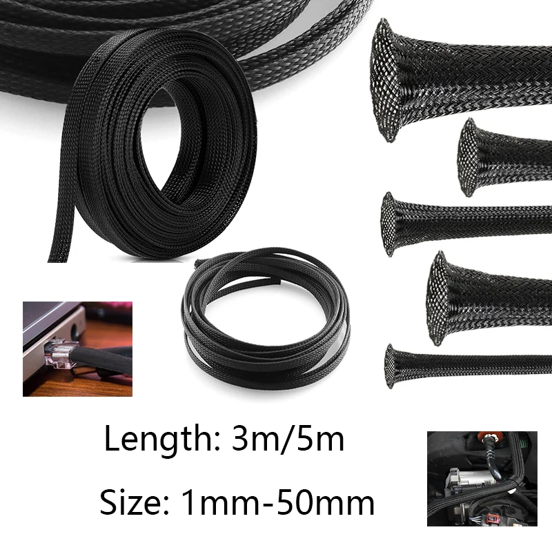1-50mm PET Black Cable Sleeve 3/5m Insulated Braided Sleeving Data Line Protection Wire Cable Flame-Retardant Nylon Tube