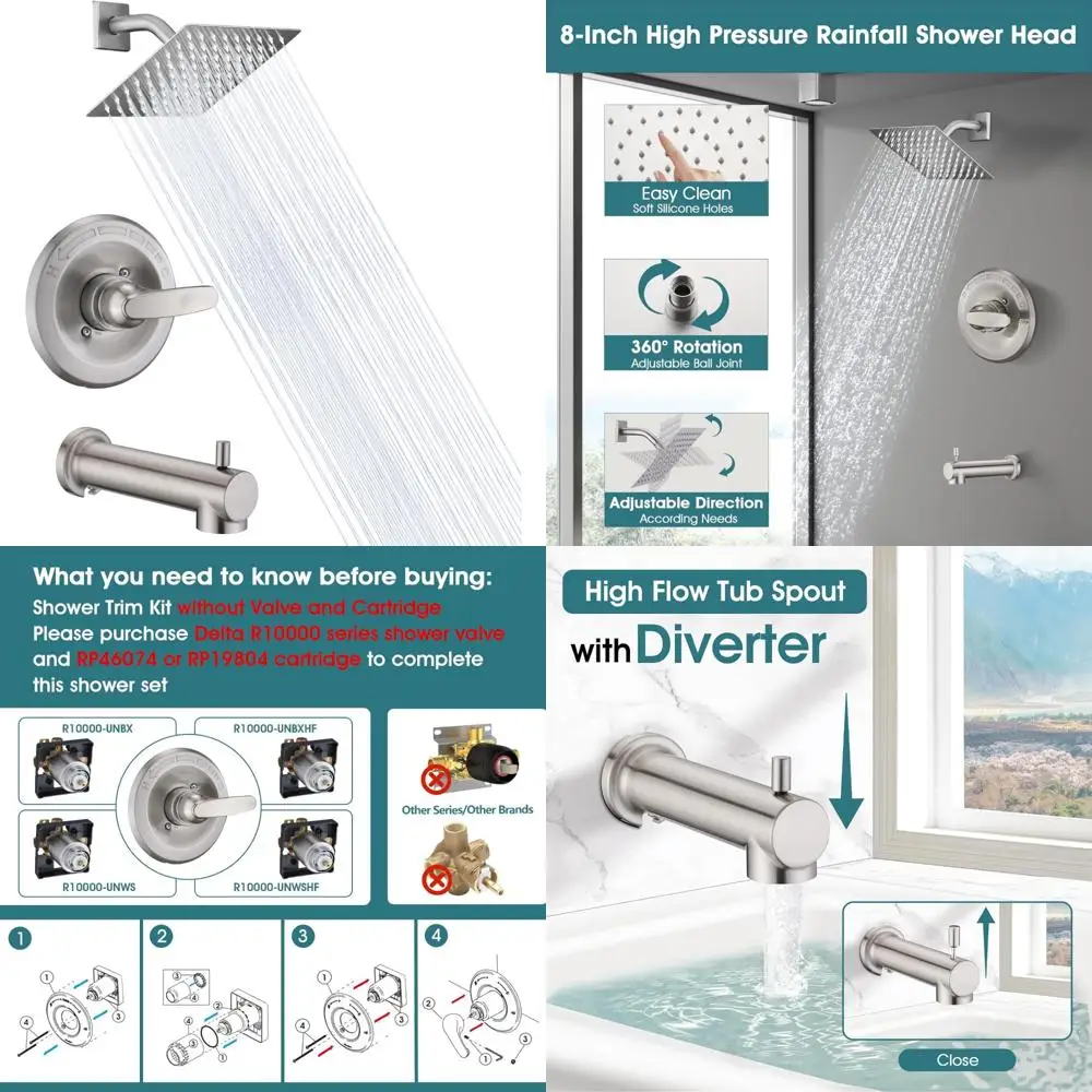 

High Pressure Square Rain Shower Trim Kit for 1300/1400 Series Tub Shower Faucet Set, Replacement Shower Head with Long Tail Key