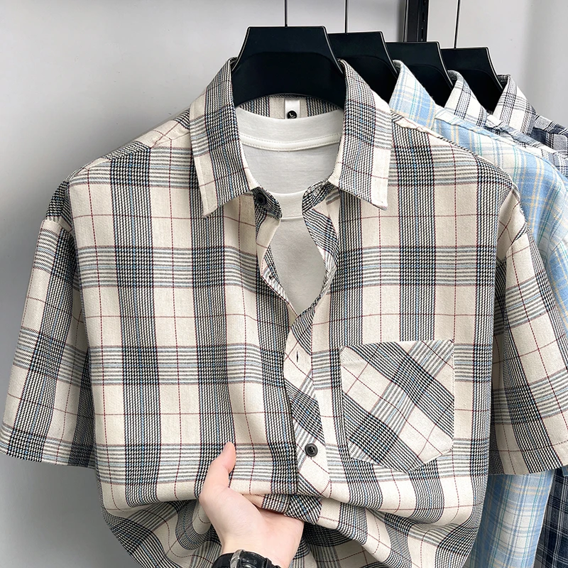 High quality casual men's summer new casual lapel plaid shirt short sleeved fashionable versatile trendy top