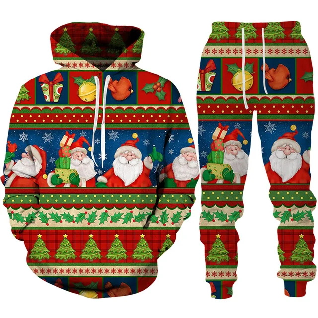 New Year Christmas Men\'s Hoodie + Pants 2 Sets Of 3D Printed Christmas Pattern Y2k Fashion Comfortable Casual Family Sportswear