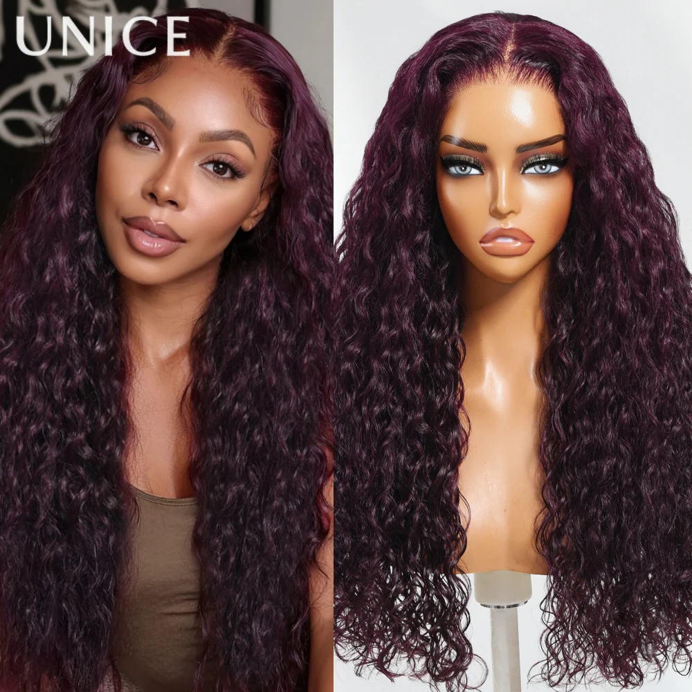 UNice 7x5 & 13x4 Lace Black Cherry Water Wave Wig With Drawstring 100% Human Hair Glueless Wig Ready To Wear