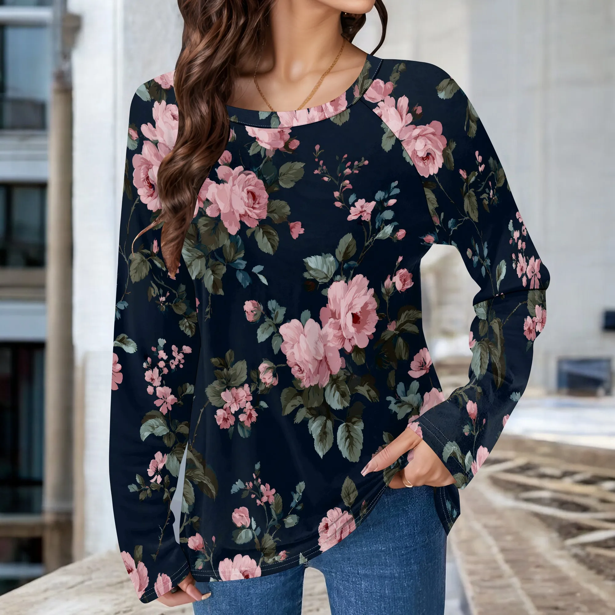 สตรีดอกไม้พิมพ์เสื้อกันหนาว Crewneck เสื้อแขนยาวเสื้อหลวม Fit เสื้อ Retro Boho ฤดูใบไม้ร่วงเสื้อผ้า