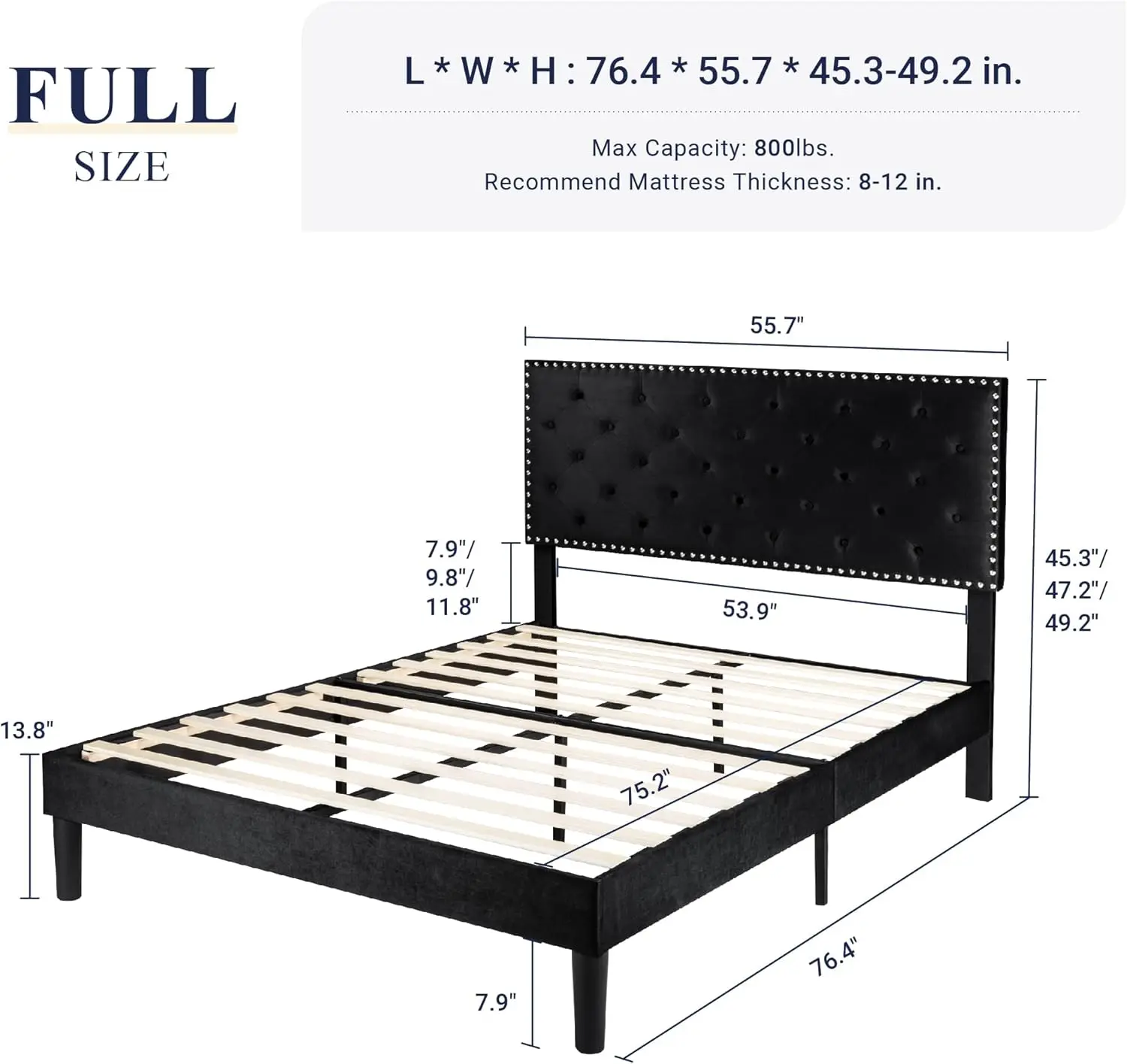 Full Size Bed Frame, Velvet Upholstered Platform Bed with Adjustable Diamond Button Tufted & Nailhead Trim Headboard,Black