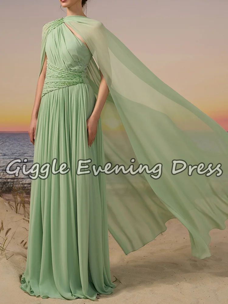 セージグリーンアラビアプロムドレスケープスリーブビーズプリーツフォーマルパーティードレス女性のドレープシフォンAラインイブニングドレスカスタマイズ
