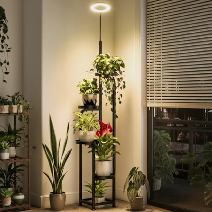 

Многоярусная напольная подставка для растений с фитолампой, 4-ярусная высокая полка для нескольких растений, угловая подставка для цветочных горшков для патио и гостиной B