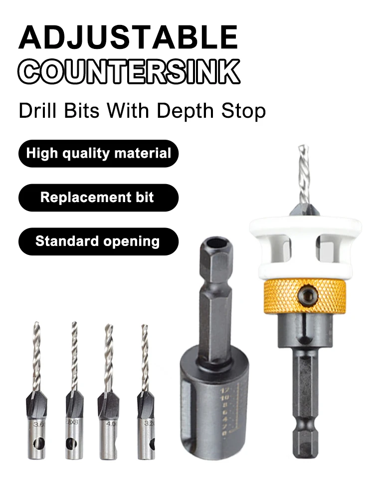 1Set Woodworking Limit Four Edge Countersink Bit Alloy Head Cone-Hole Drill Adjustable Depth Step Drill Hidden Screw Countersink