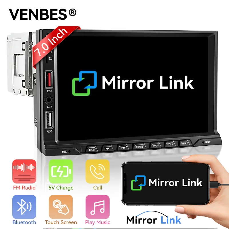

Автомобильное радио VENBES, 1 DIN, сенсорный экран с зеркальной связью, 7-дюймовый авторадио, камера CVBS, BT 5,0, USB TF FM