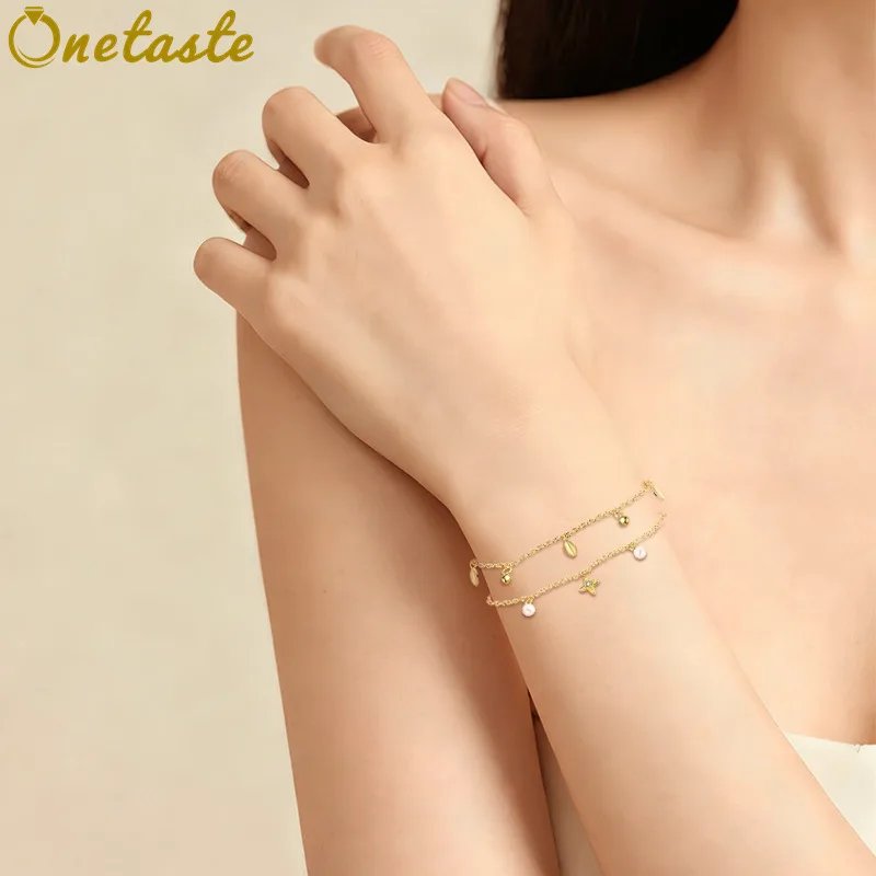 

925 Silver Gold Plated Pearl Bead Leaf Clover Charms Chain Link Bracelet Women Dainty Simple Trendy Lightweight Stack Bracelets