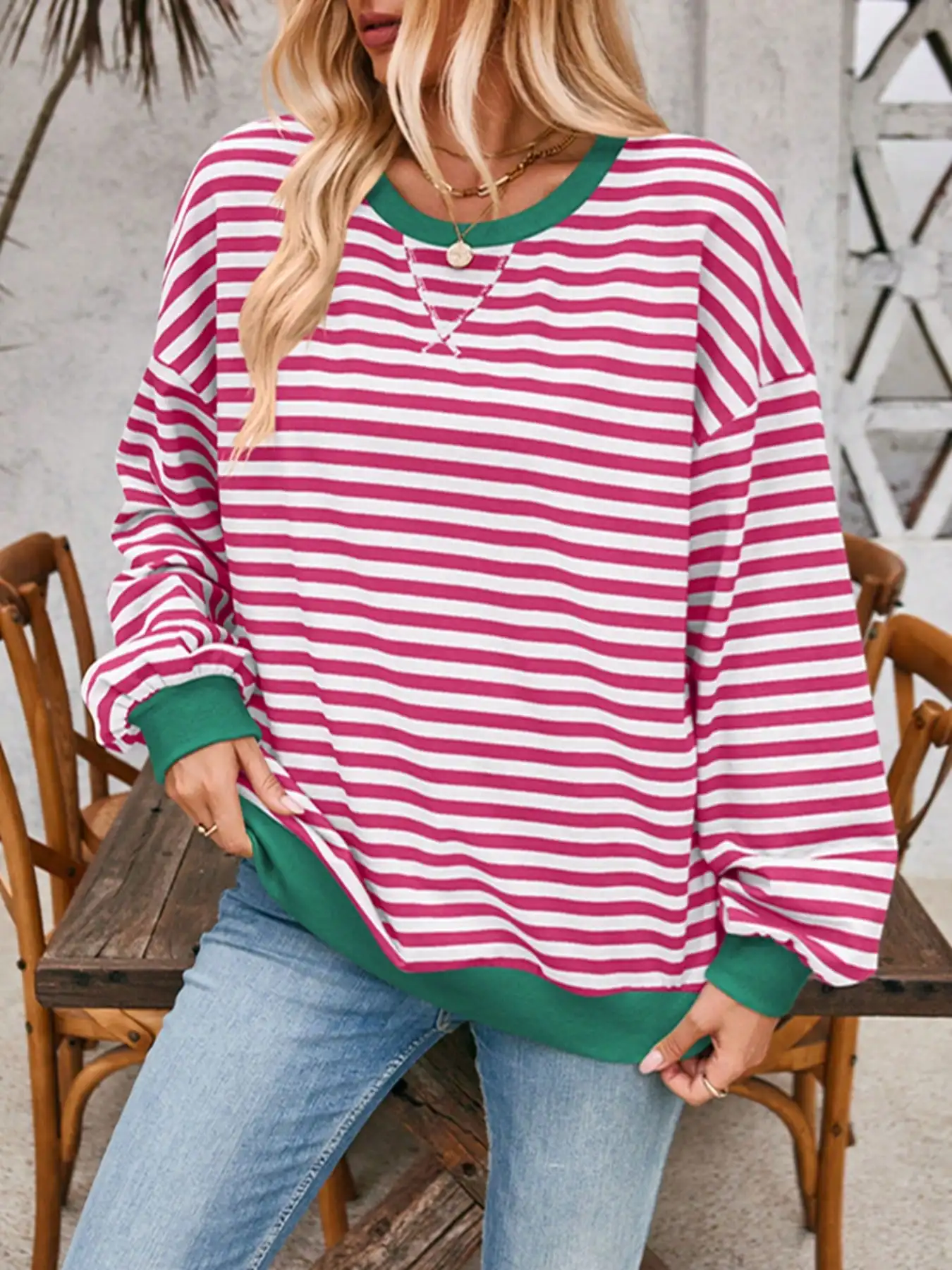 

Женская свободная толстовка в полоску с зеленой отделкой, повседневный топ с длинным рукавом для осени и зимы