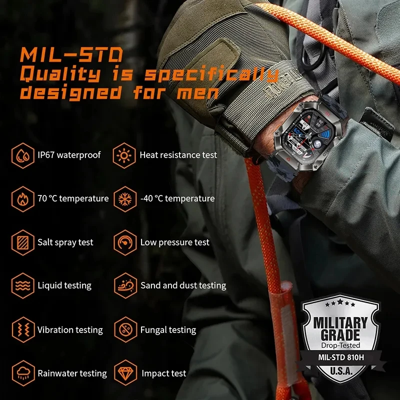 Imagem -02 - Relógio Inteligente Militar Durável para Homens Chamada Bluetooth Discagem Personalizada Ip67 à Prova Dágua Bússola Smartver Esportivo para Android e Ios Novo 2023