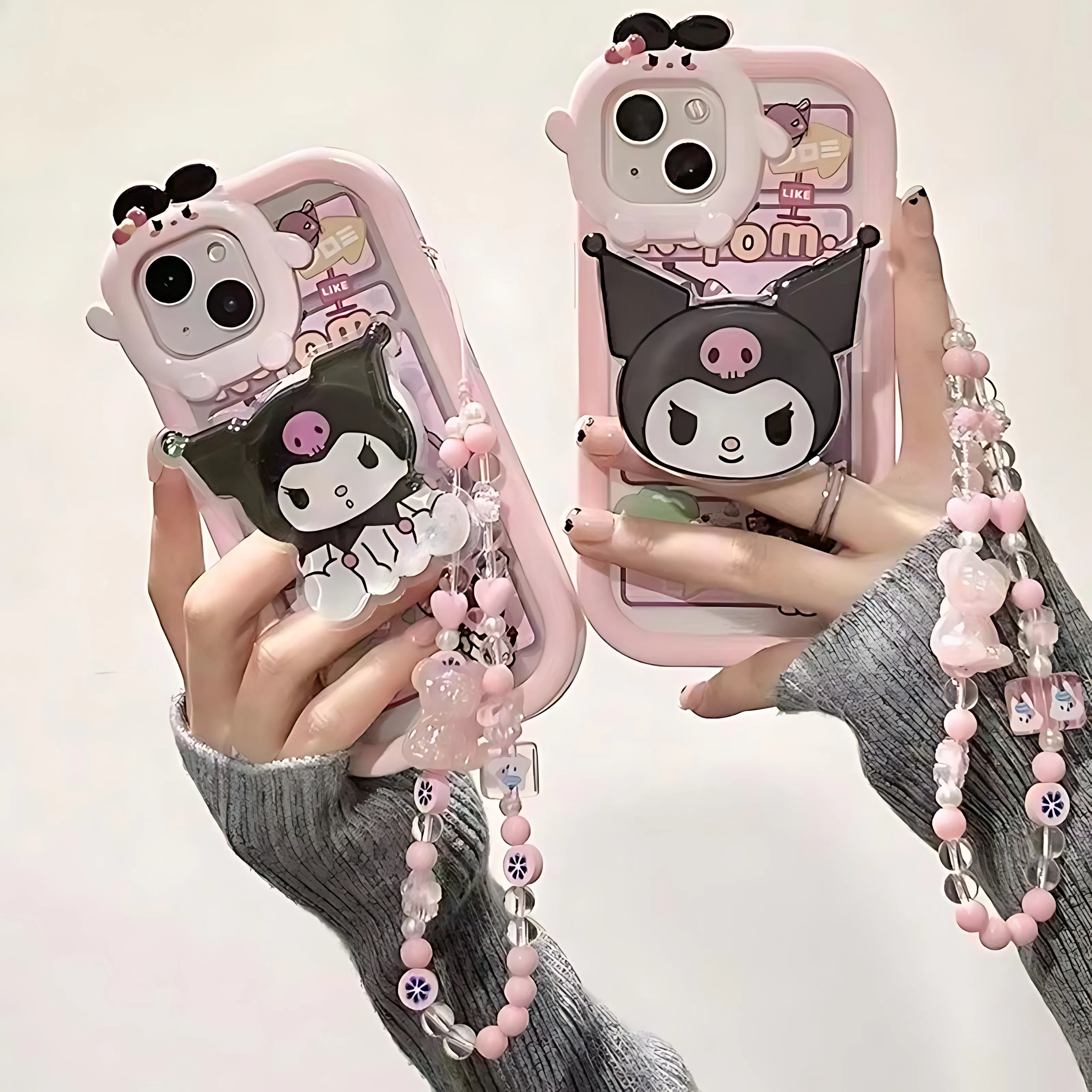 Cute Kuromi With Bracket Phone Case For IPhone 16 15 14 13 12 11 7 8 X XR XS Plus Pro Max 3D Bow-knot Little Monster Lens Cover