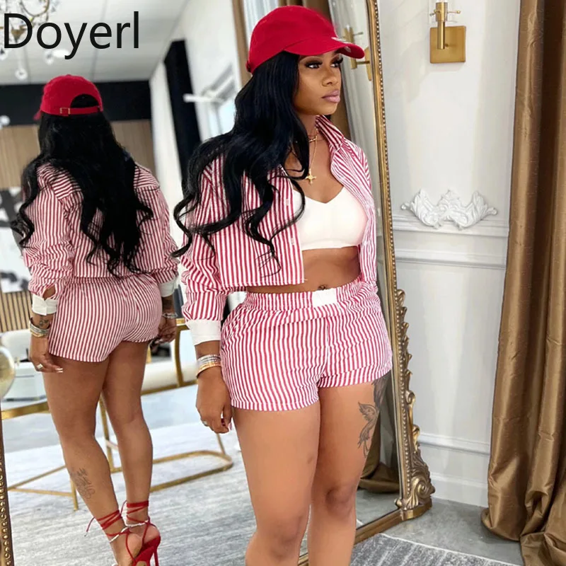

Doyerl Striped Shorts Sets Women Two Piece Set Streetwear Casual Long Sleeve Turn-down Collar Shirt Top and Shorts Matching Sets