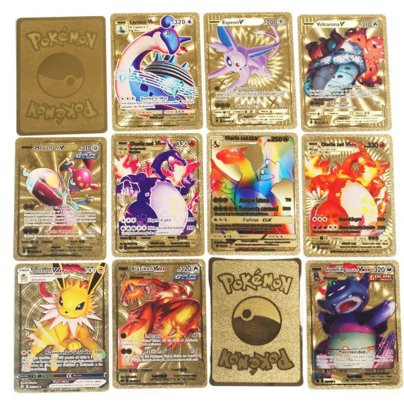 Juego de cartas de Pokémon, 55 piezas, inglés, español, francés, alemán, Pikachu, dorado, plateado, negro, coleccionista de cartas de batalla de mesa