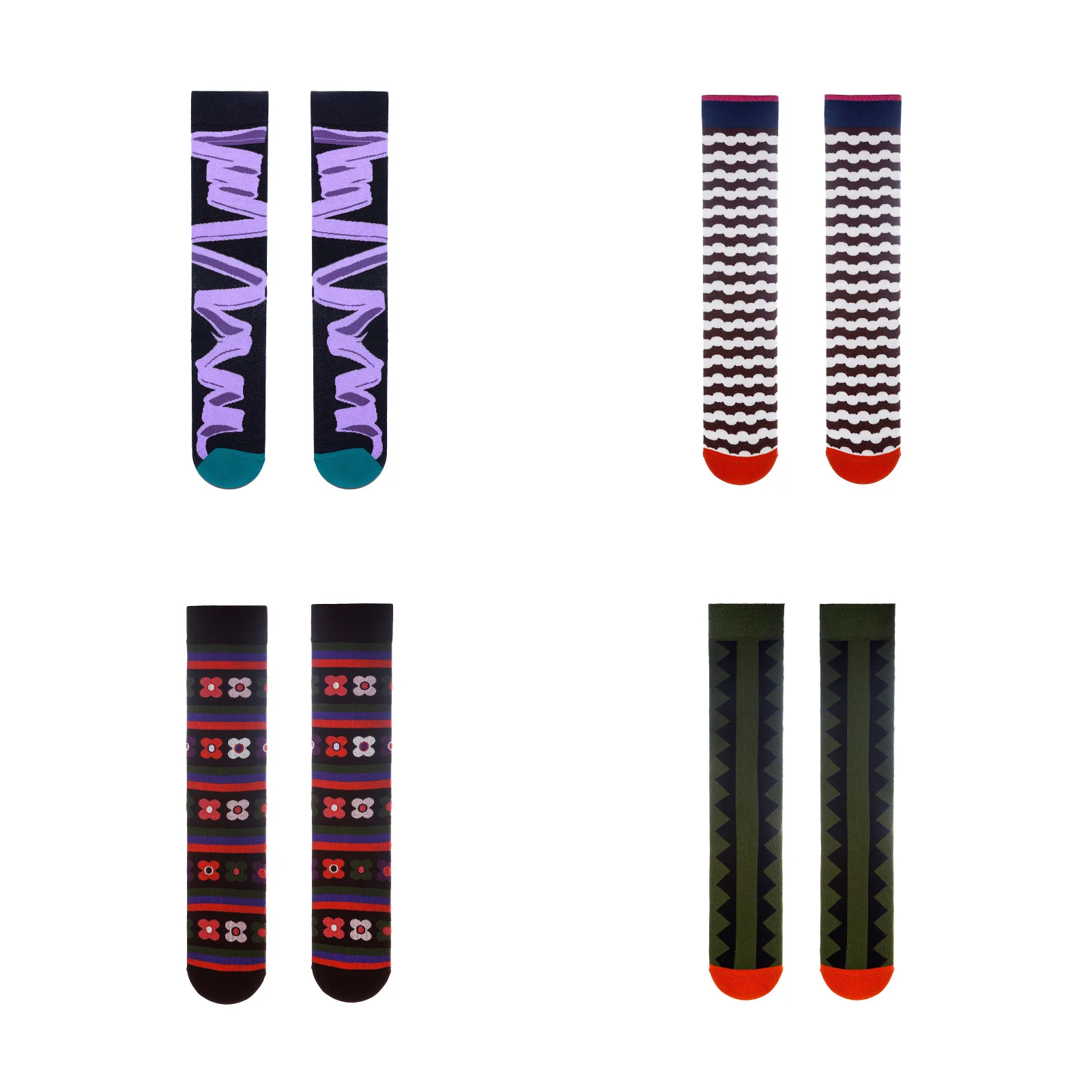 Retro abstract geometric JK calf socks set-including four styles: curve/wave/striped flower/green zigzag