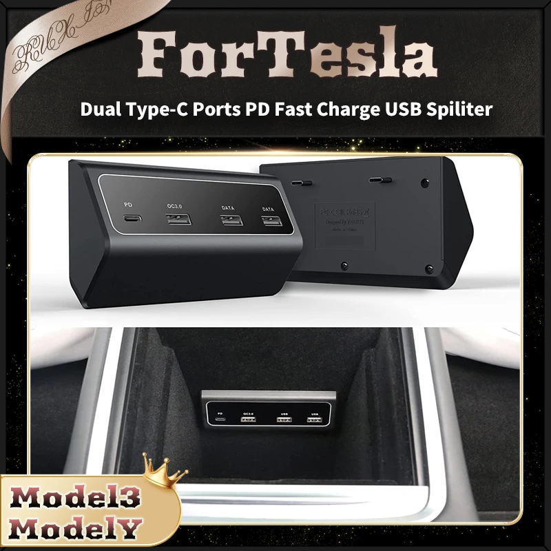 

Usb-хаб совместим с Tesla Model3/Y/S/X 21-22, двойные порты Type-C, PD, USB-разъем для быстрой зарядки