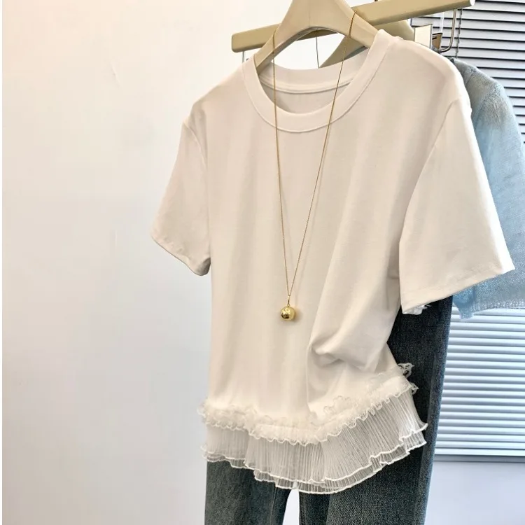 Sweet Summer New Style Women's T-shirt Short Sleeve Knitted Lace Patchwork Breathable Fashionable Commute Style Regular Fit