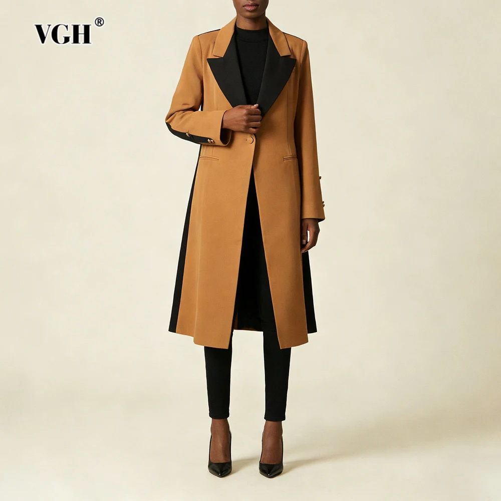 

VGH Design Sense Hit Color Slimming Trench Coat For Women Lapel Long Sleeve Spliced Button Autumn Temperament Jacket Female New