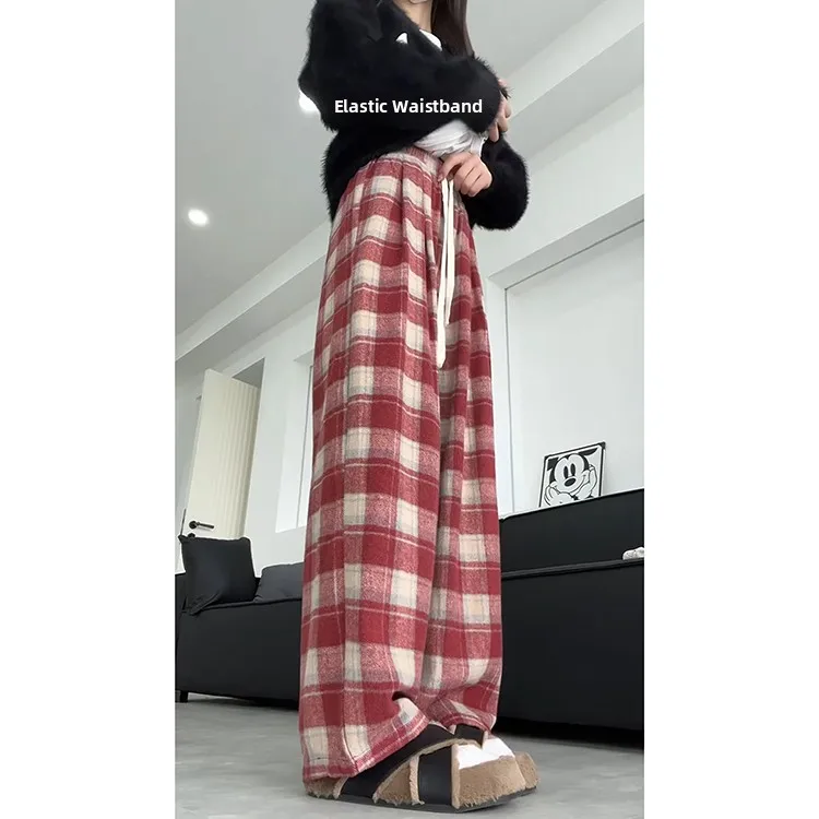 الرجعية الأحمر منقوشة Thiened Fce عادية الطابق طول مستقيم الساق السراويل النسائية الخريف الشتاء جديد Sle ثني بنطلون