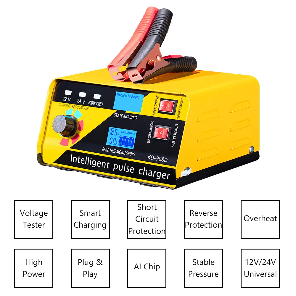 Current Regulate Car Battery Charger Fully Automatic Pulse Repair 260W 12V/20A 24V/10A For Lithium Lead Acid Batteries
