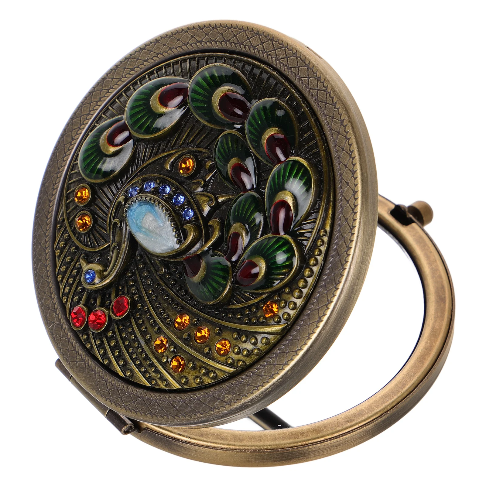 مرآة مكياج معدنية صغيرة محمولة على شكل طاووس عتيقة قابلة للطي وقابلة للطي للنساء أثناء السفر يوميًا