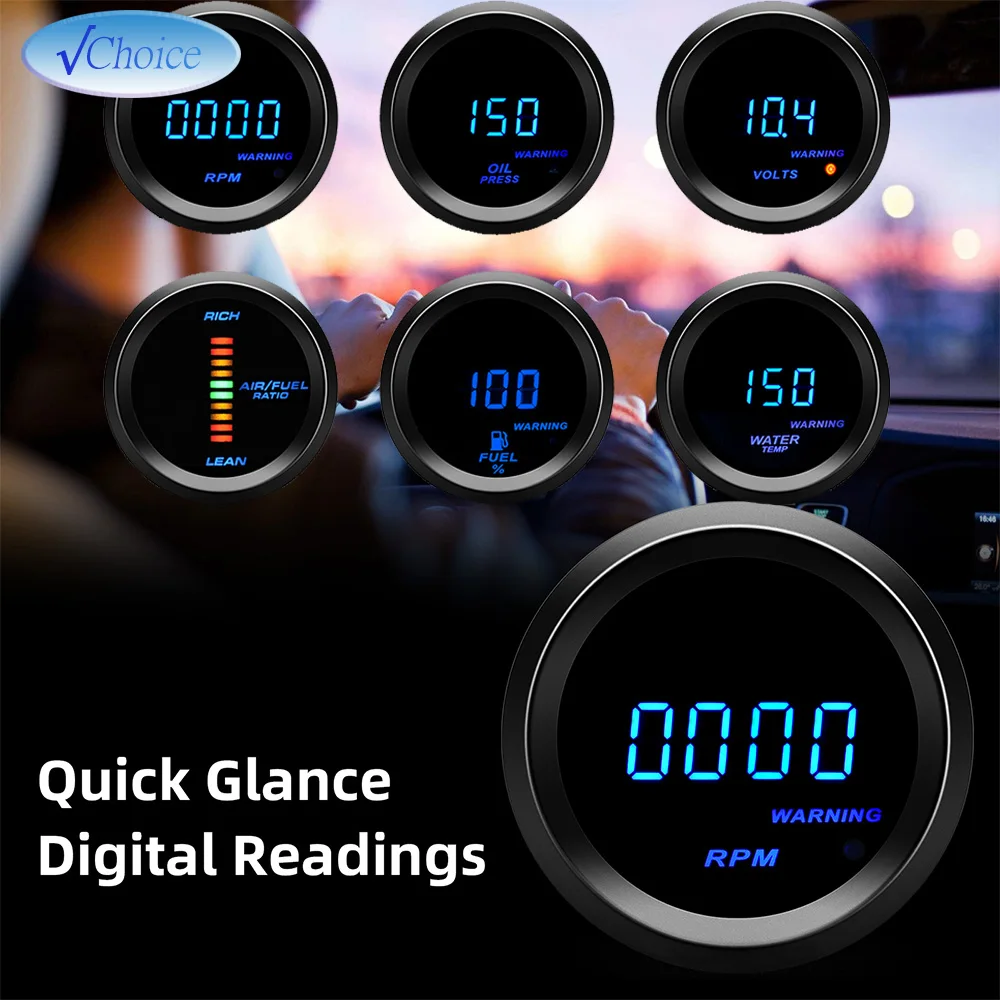 52mm 12V Blue Ambient Light Car Gauge Tachometer Boost Vacuum Water Temp Oil Temp Oil Press Voltmeter Meter Car Accessories