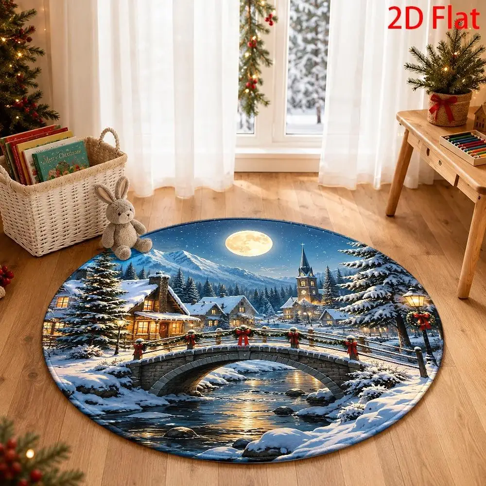 Christmas Snowman Vortex 3D Optical Illusion Round Rug, Train Track Snowflake Plaid Swirl Hole Print, Decor Area Carpet