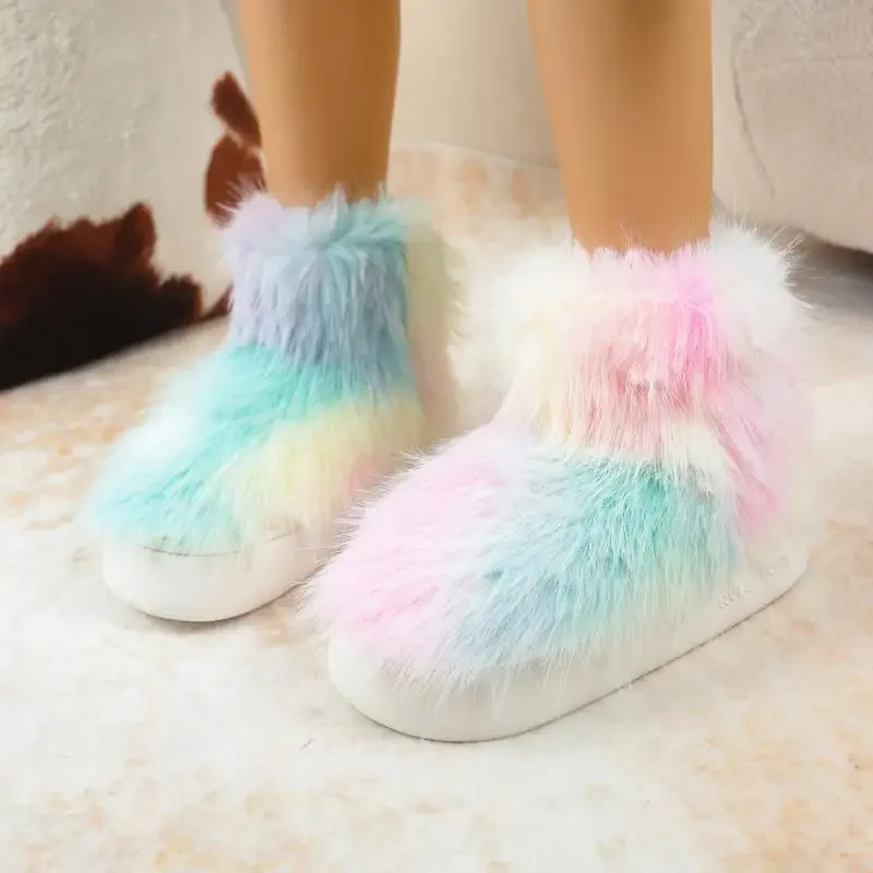 Botas de nieve de felpa largas de colores mezclados, botas de nieve de algodón suave antideslizantes de Color caramelo para mujer, zapatos cálidos de piel sintética gruesos 2025