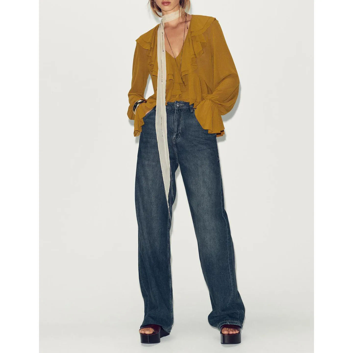 Autunno 2025 Orlo asimmetrico V-Ne Long Sve Donna irt Decorativo Dra Layered Sle Loose Fit Fibra di poliestere