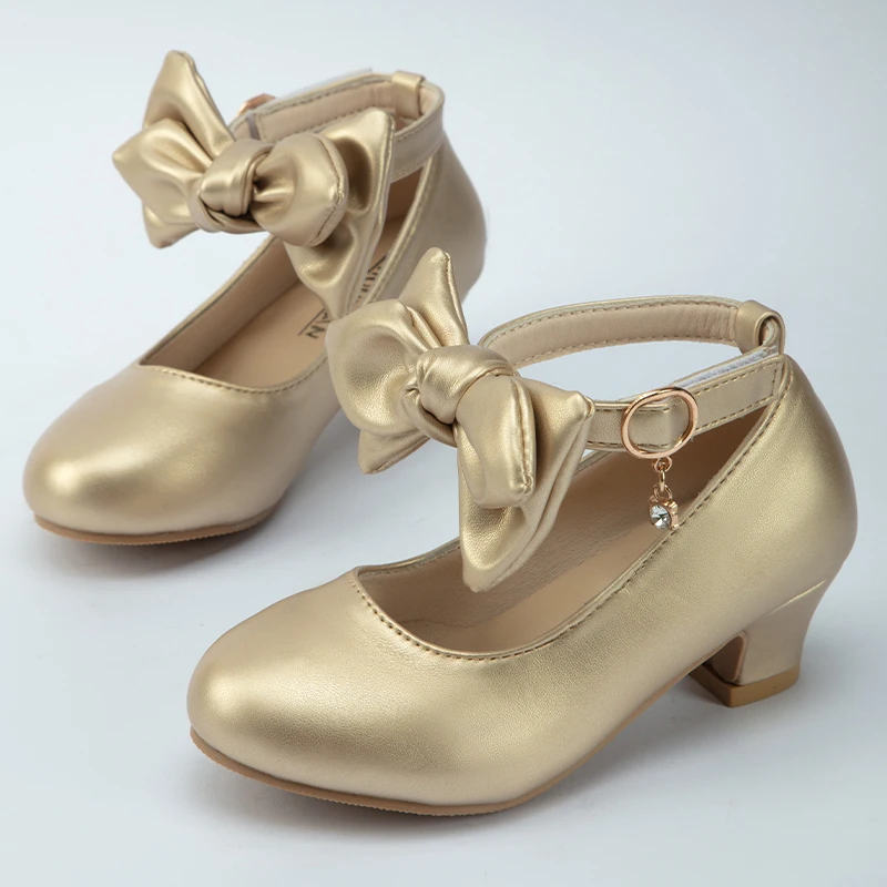 Children Wedding Shoes Gold  White Girl Bow Leather Shoes Spring Autumn Kids Flats Flowers Girls Shoes Size 27-37