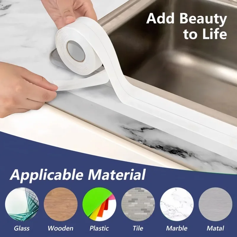 5M Bath Caulk Tape Self Adhesive Oil-Proof Kitchen Sink Edge Corner Wall Sticker Waterproof Toilet Sealing Filling Gaps PVC Tape