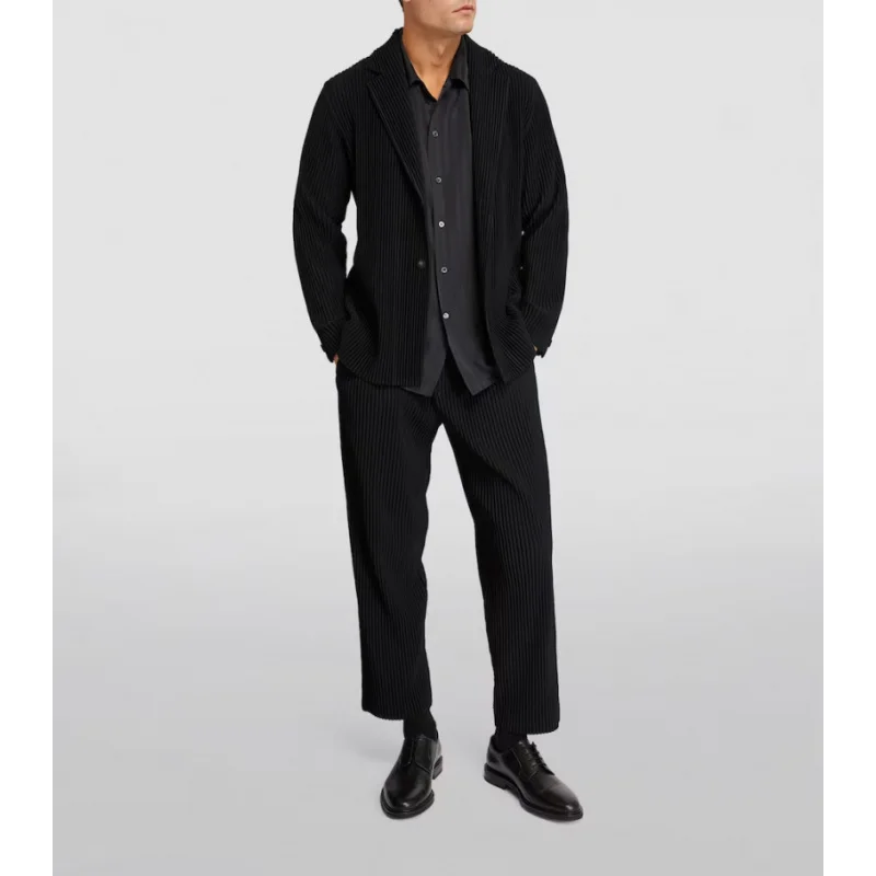 Men's Miyake Pleated Style Blazer Jacket Japanese Casual Stretch Slim Fit Business Office Fashion Luxury Wrinkle Resistant Coat